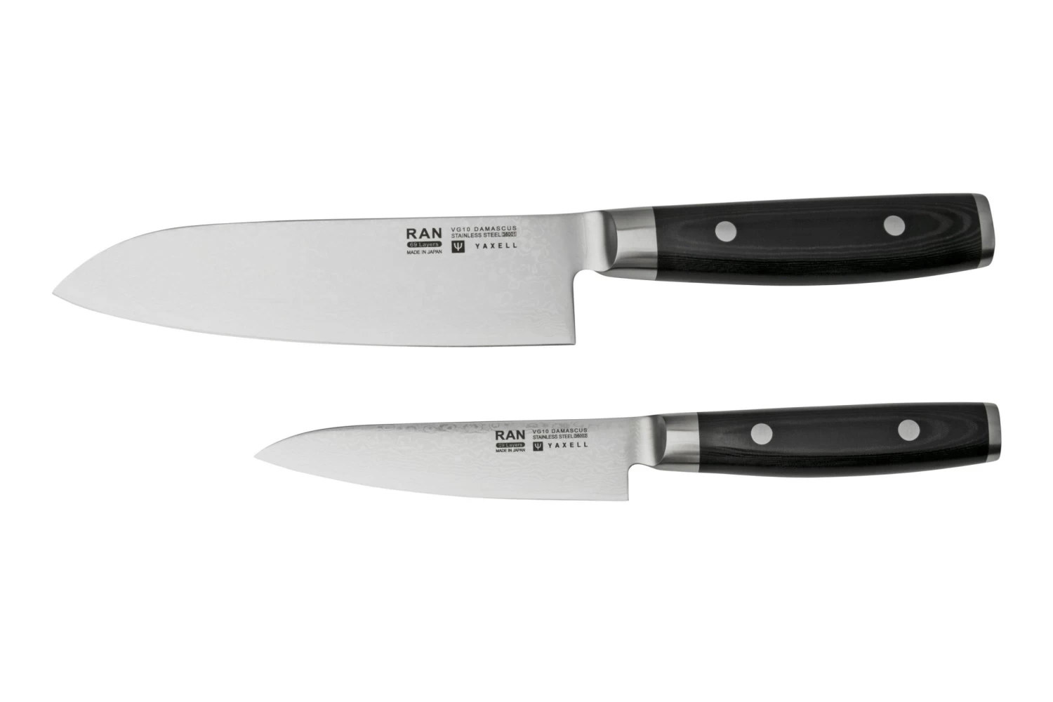 Yaxell Ran 36056, Juego De Cuchillos De 3 Piezas Santoku 16,5 Cm, Cuchillo Multiusos 12 Cm Y Afilador De Cuchillos